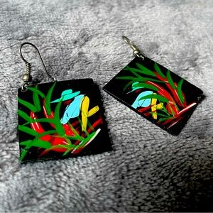 Haitian Hand Crafted Painted Enamel Black Sea Shell Dangle Earrings Handmade